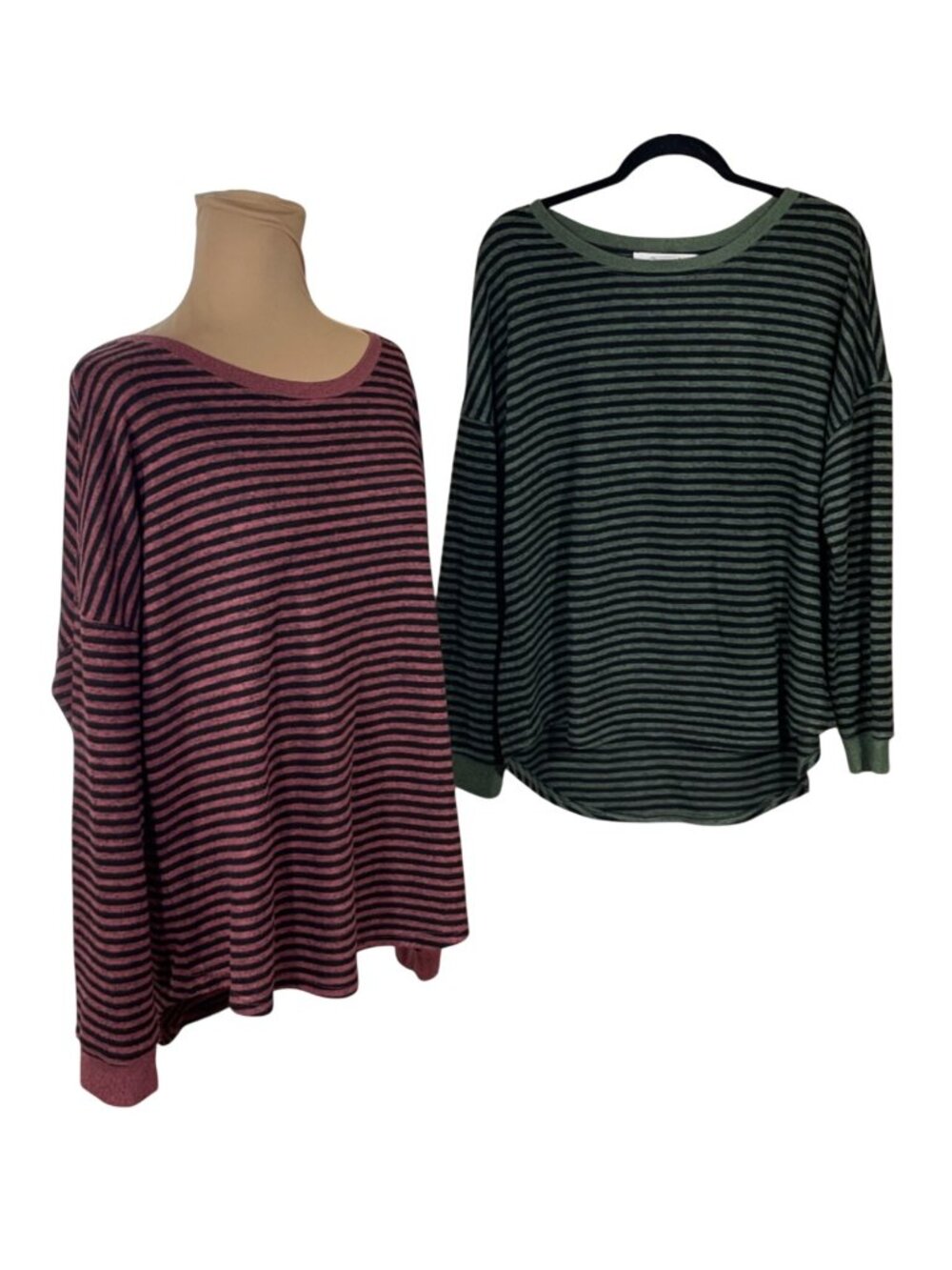 2 Workshop Tops Long Sleeve Stripe Size XL Extra Large Green Salmon Crew Neck